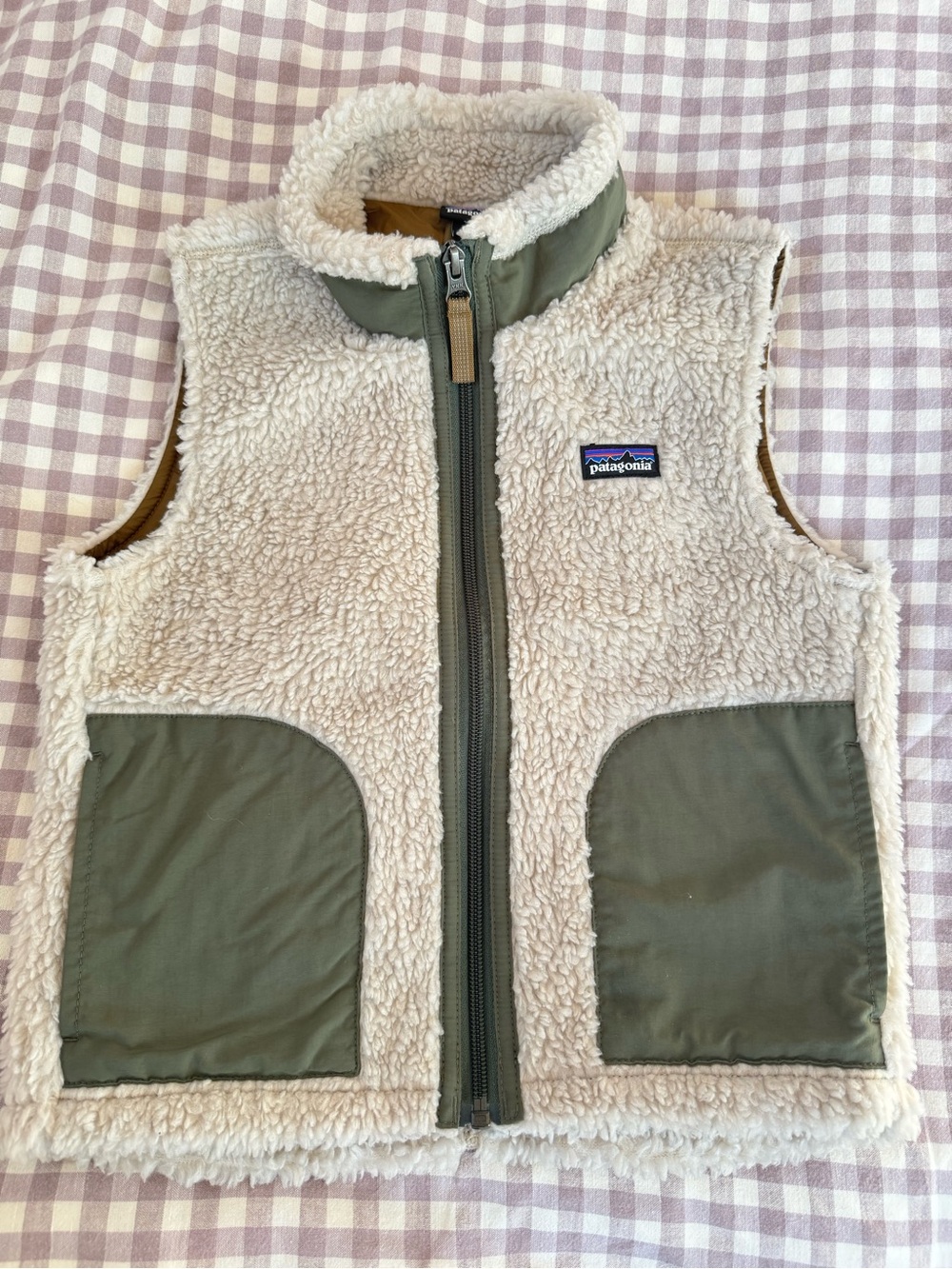 Patagonia Cream Sherpa Vest with Olive Trim